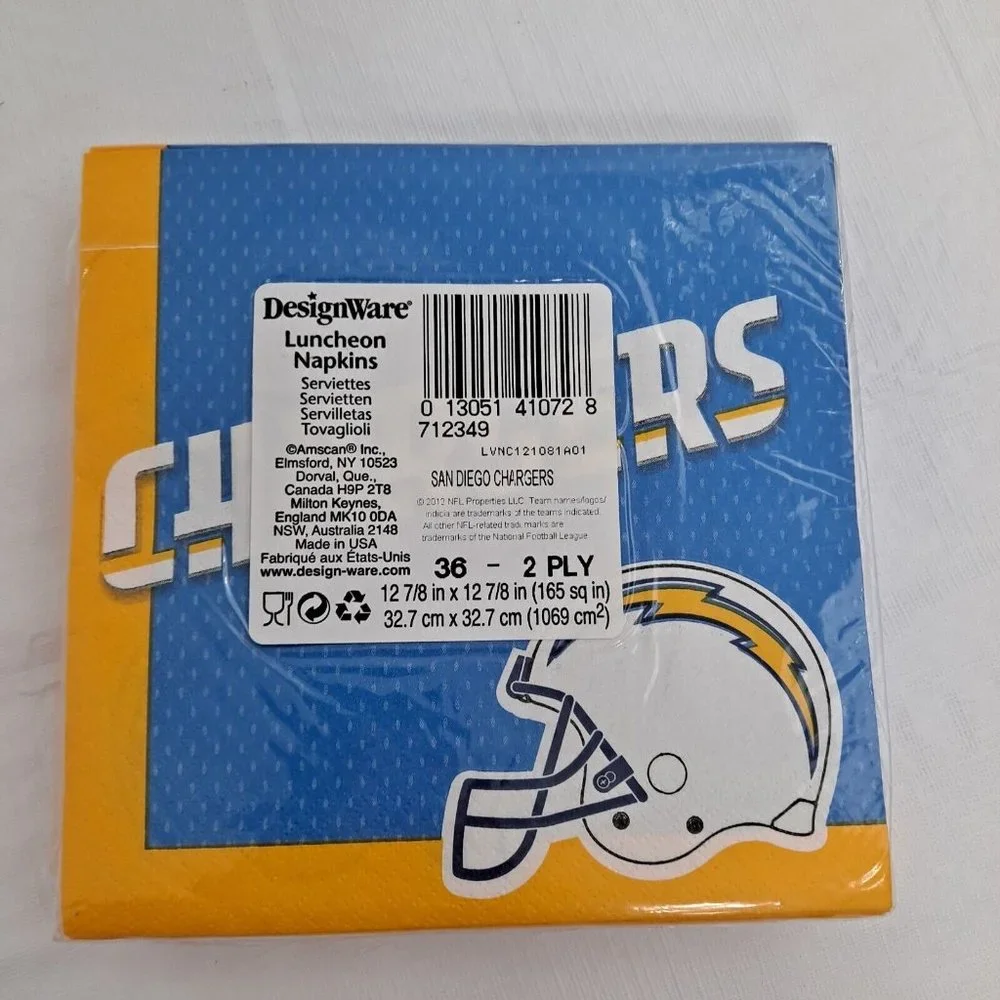NFL San Diego Chargers Napkins designware Party Time Blue Yellow football 36 ct
